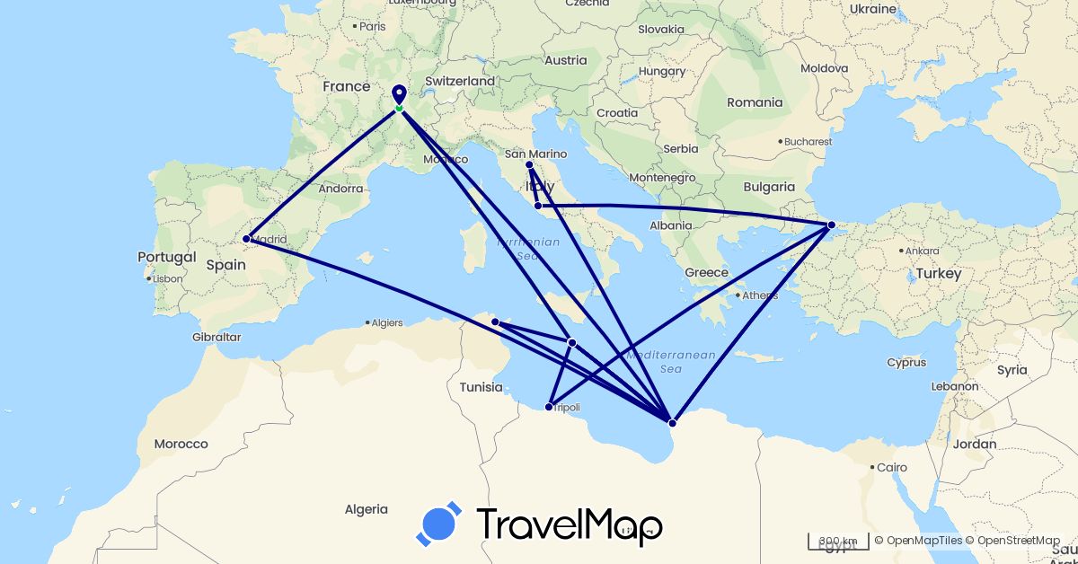 TravelMap itinerary: driving, bus in Spain, France, Italy, Libya, Malta, Tunisia, Turkey (Africa, Asia, Europe)